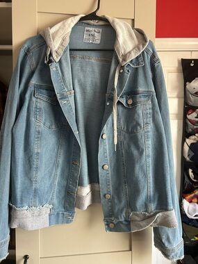 White Birch Light Blue Denim Jacket with Gray Hoodie